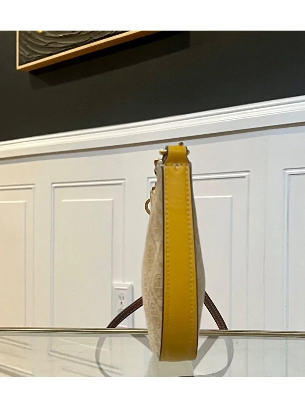 Tory Burch Monogram Half-Moon Crossbody Bag With Adjustable Strap In Yellow & Br